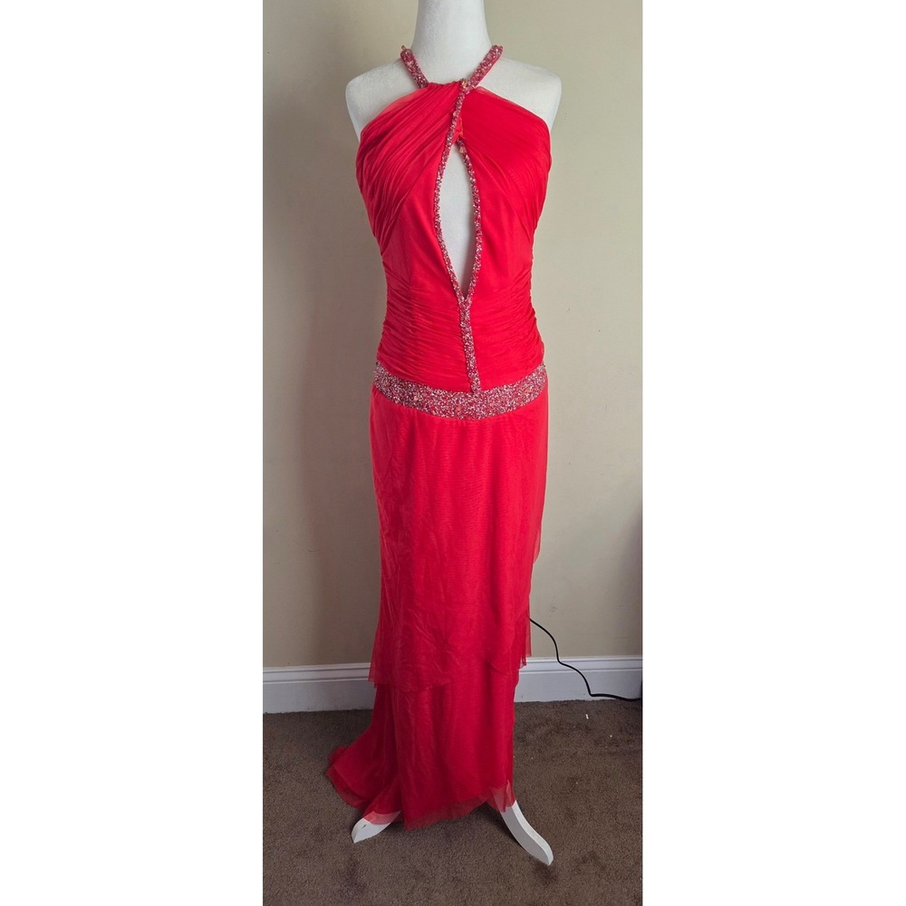 Paris Tony Bowls Red Beaded Halter Keyhole Prom Pageant Formal Gown Dress Size 8